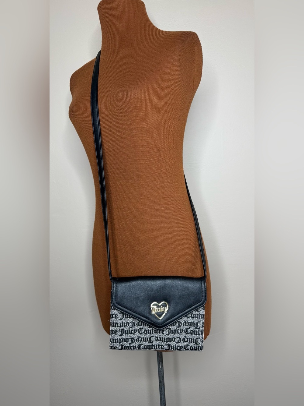Juicy Couture Black and Gray Logo Print Crossbody Gold Heart